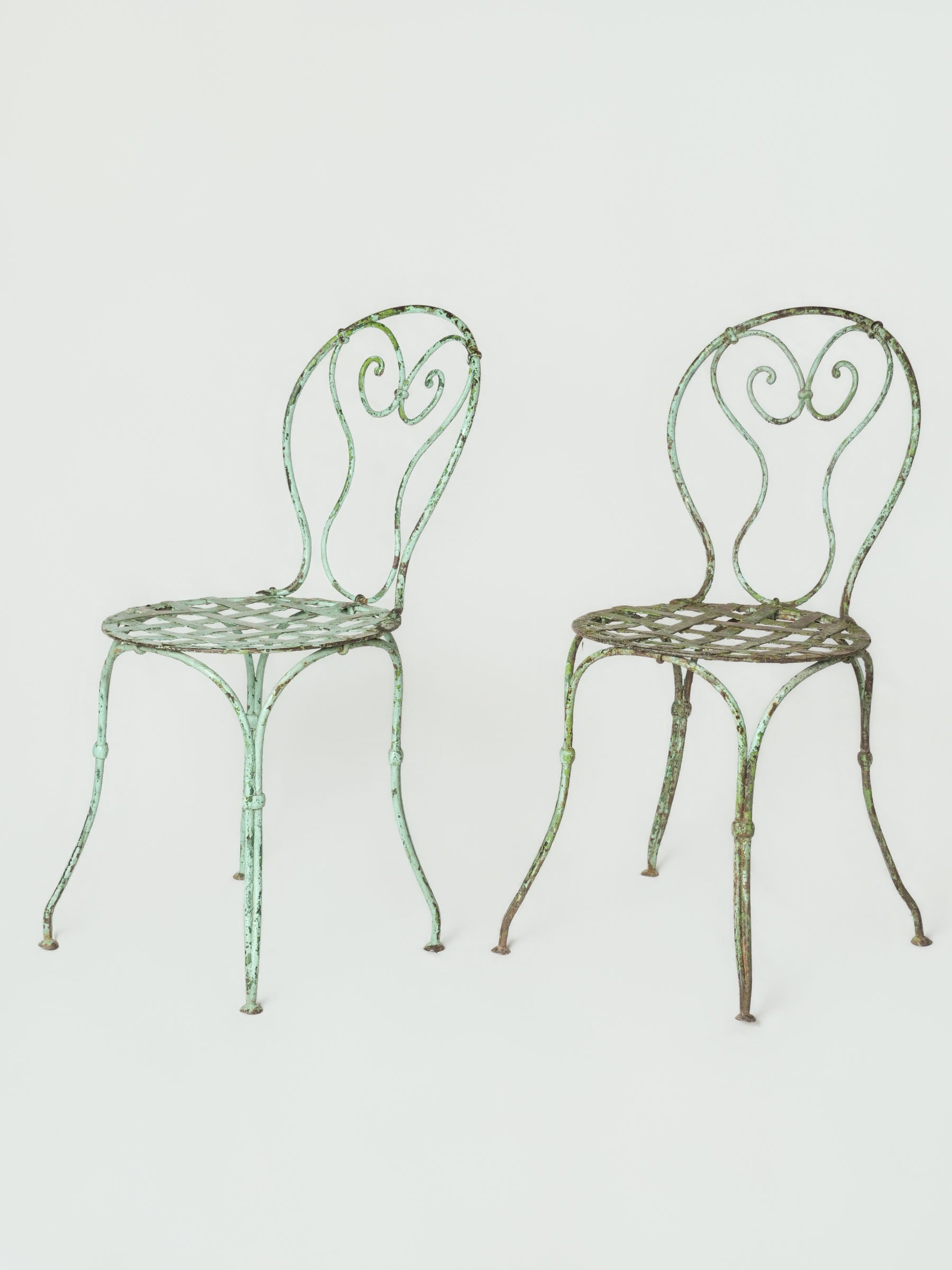 Pair of Antique French Wrought-Iron Garden Chairs w/ Weathered Turquoise Paint