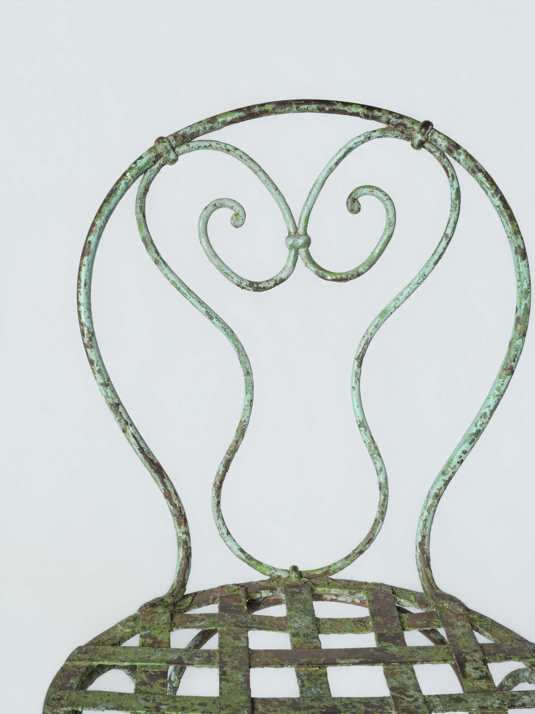 Pair of Antique French Wrought-Iron Garden Chairs w/ Weathered Turquoise Paint