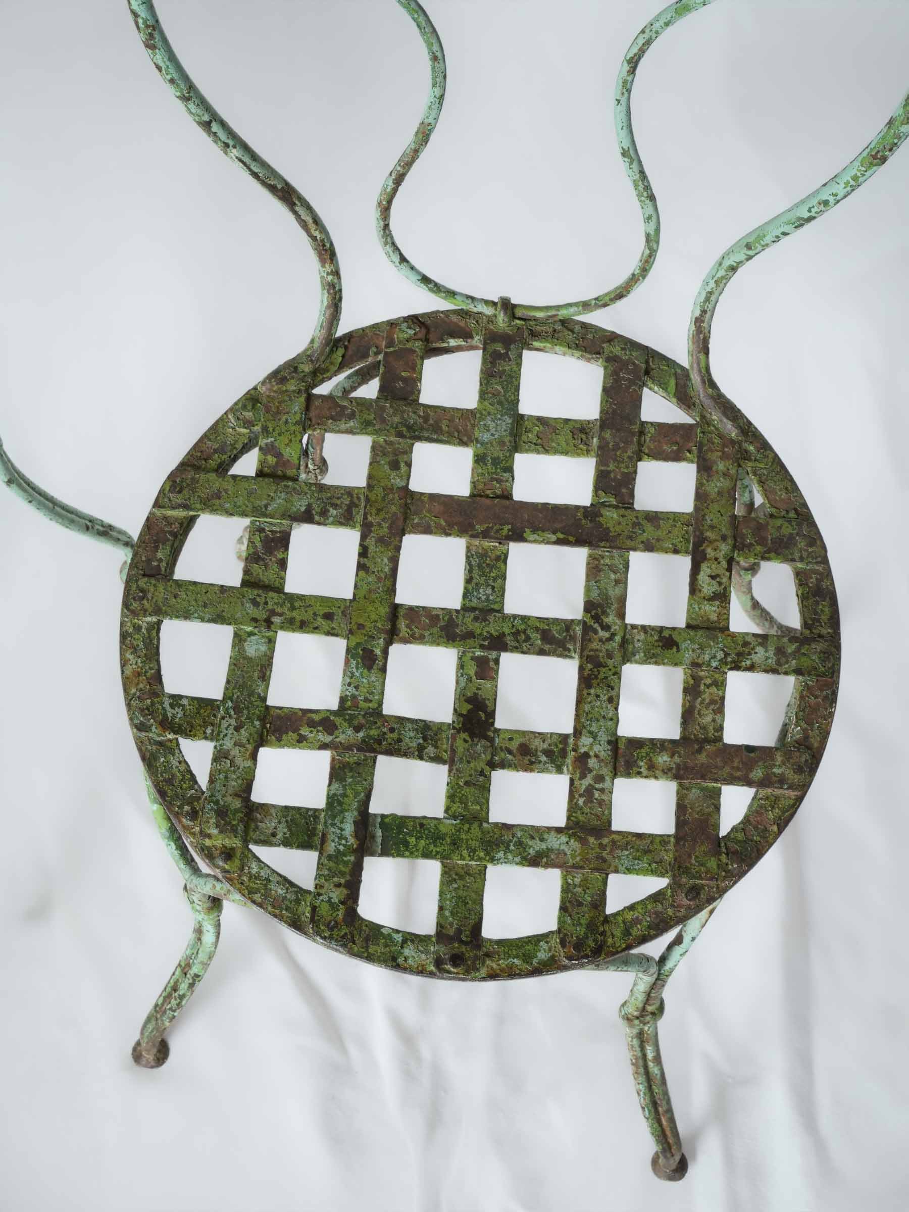 Pair of Antique French Wrought-Iron Garden Chairs w/ Weathered Turquoise Paint