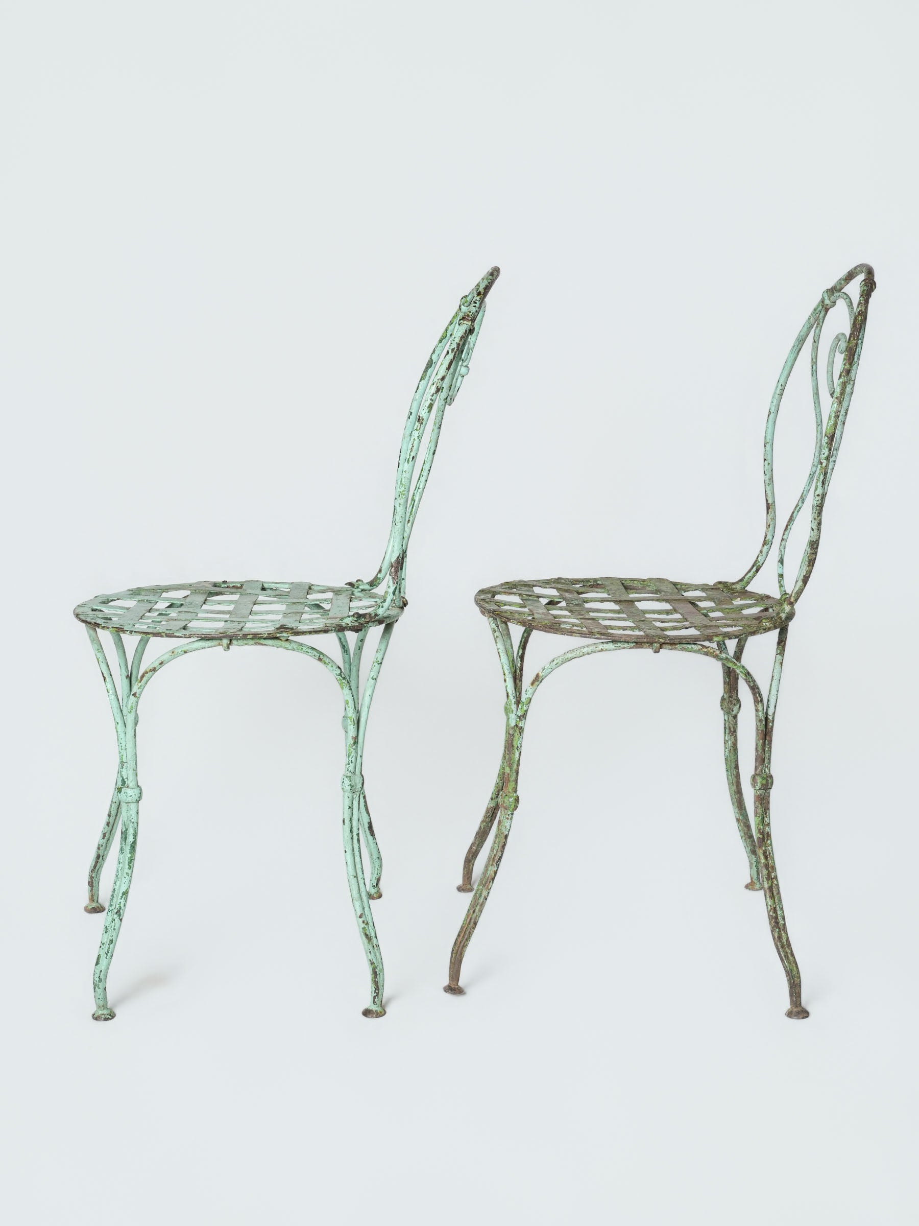 Pair of Antique French Wrought-Iron Garden Chairs w/ Weathered Turquoise Paint