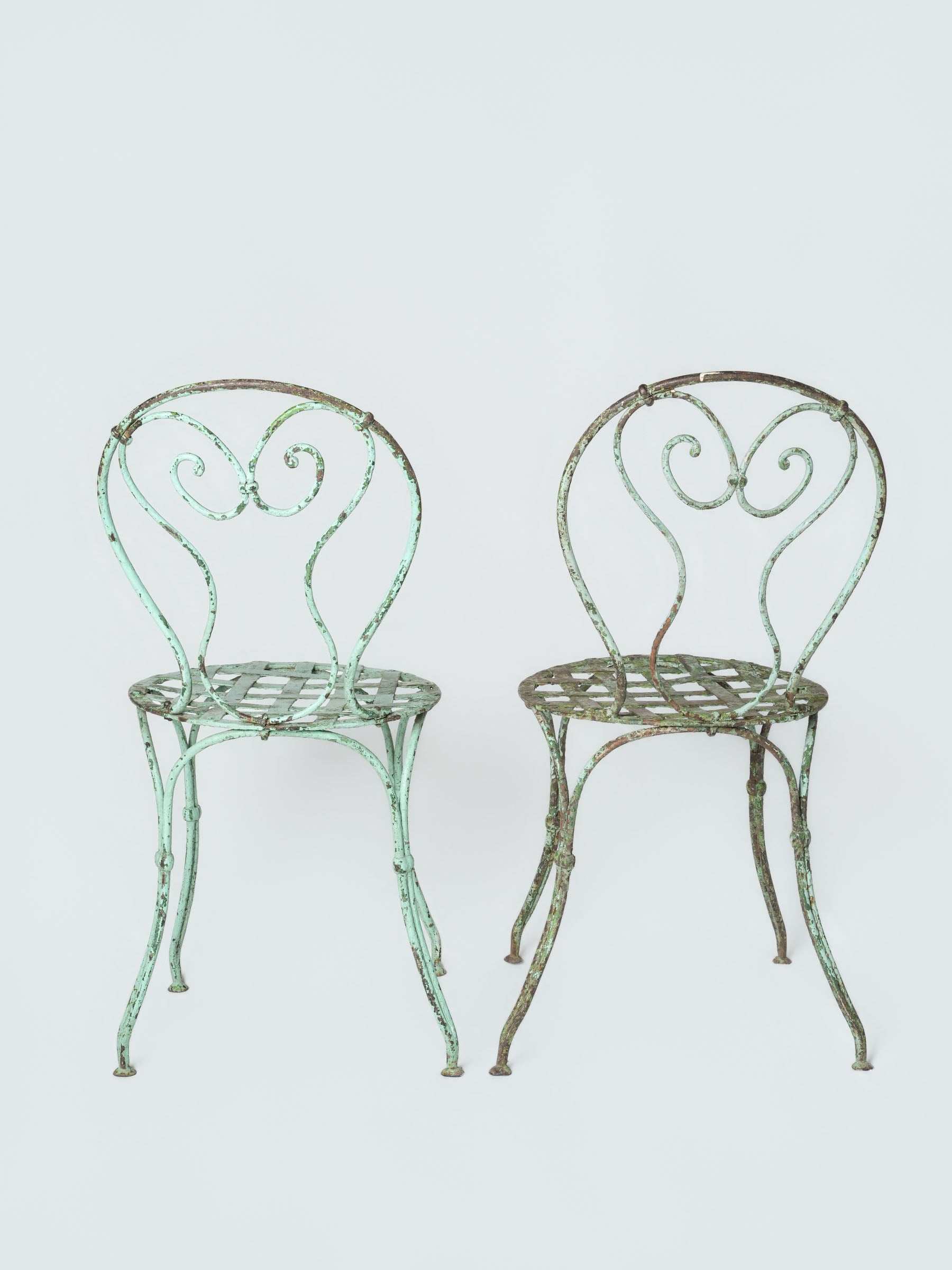 Pair of Antique French Wrought-Iron Garden Chairs w/ Weathered Turquoise Paint