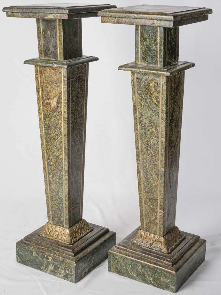 Handsome Pair of French Art Deco Alpine Green Marble Pedestals - 41"