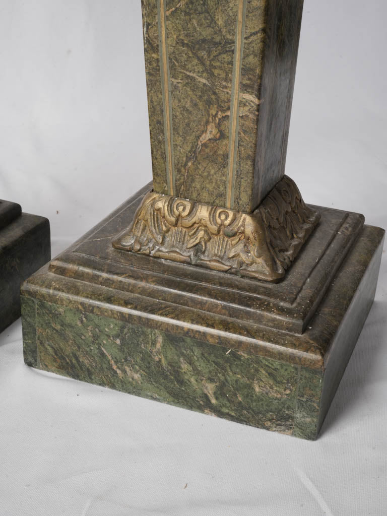 Handsome Pair of French Art Deco Alpine Green Marble Pedestals - 41"