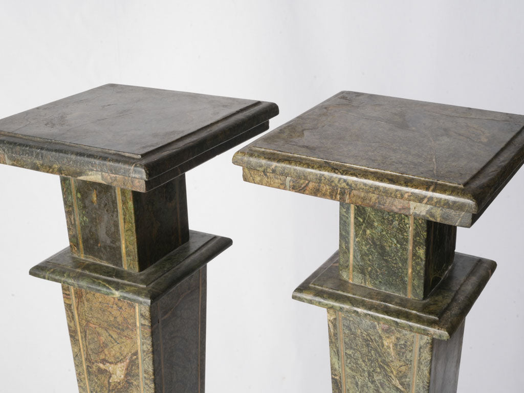Handsome Pair of French Art Deco Alpine Green Marble Pedestals - 41"