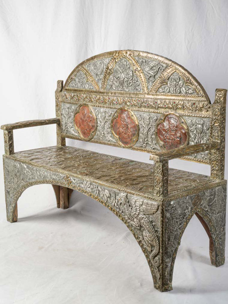 Striking Neo-Gothic Repoussé Tin and Brass Devotional Bench c.1880 - 54¼"