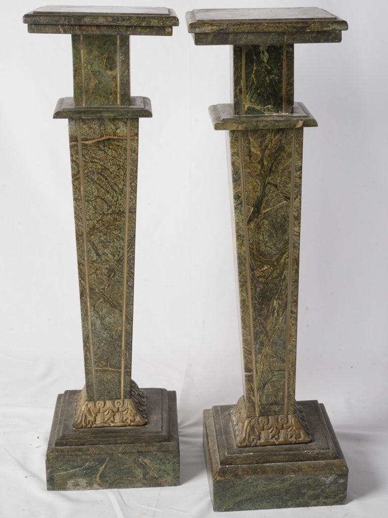 Handsome Pair of French Art Deco Alpine Green Marble Pedestals - 41"