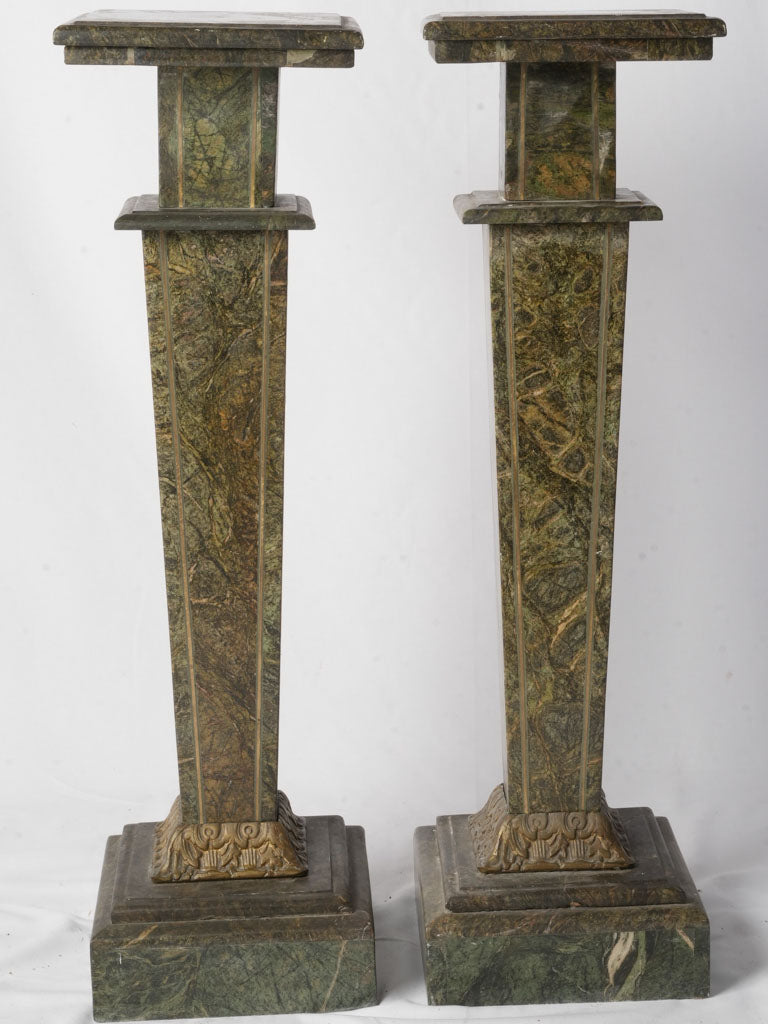 Handsome Pair of French Art Deco Alpine Green Marble Pedestals - 41"