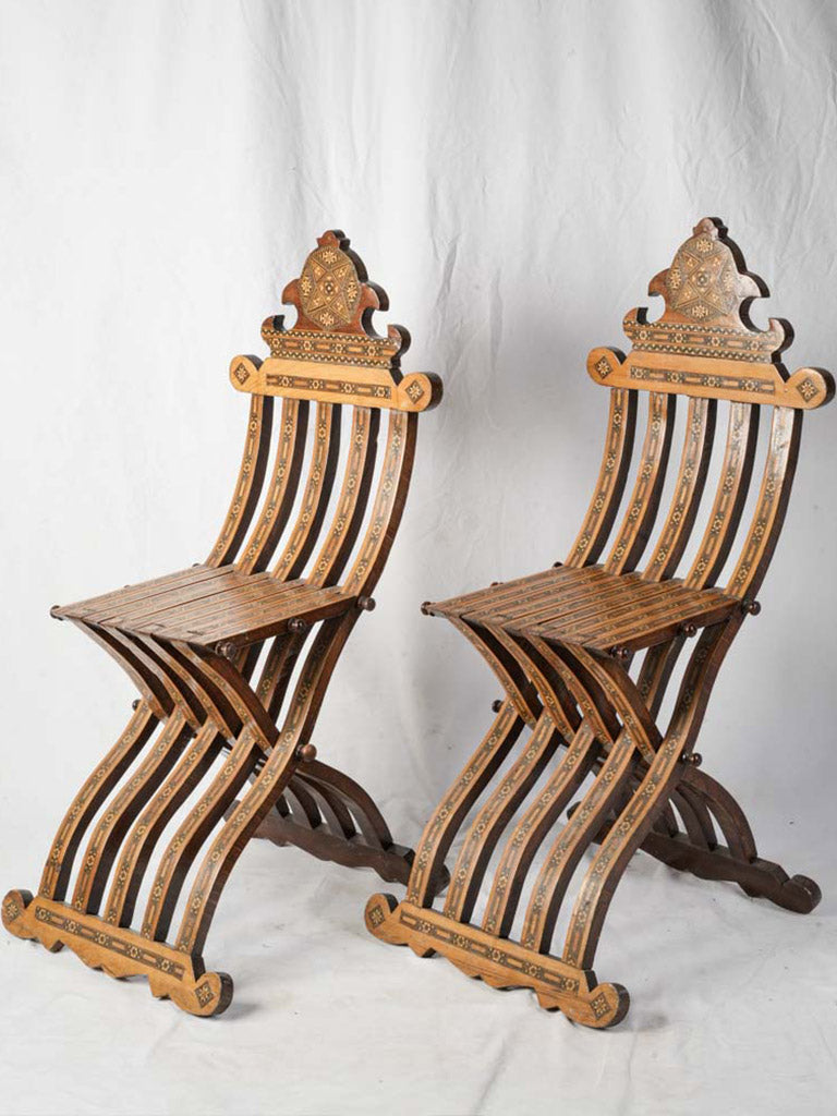 Pair of Folding Chairs with Striking Geometric Marquetry in the Oriental Taste, Late 19th Century - 41¼"