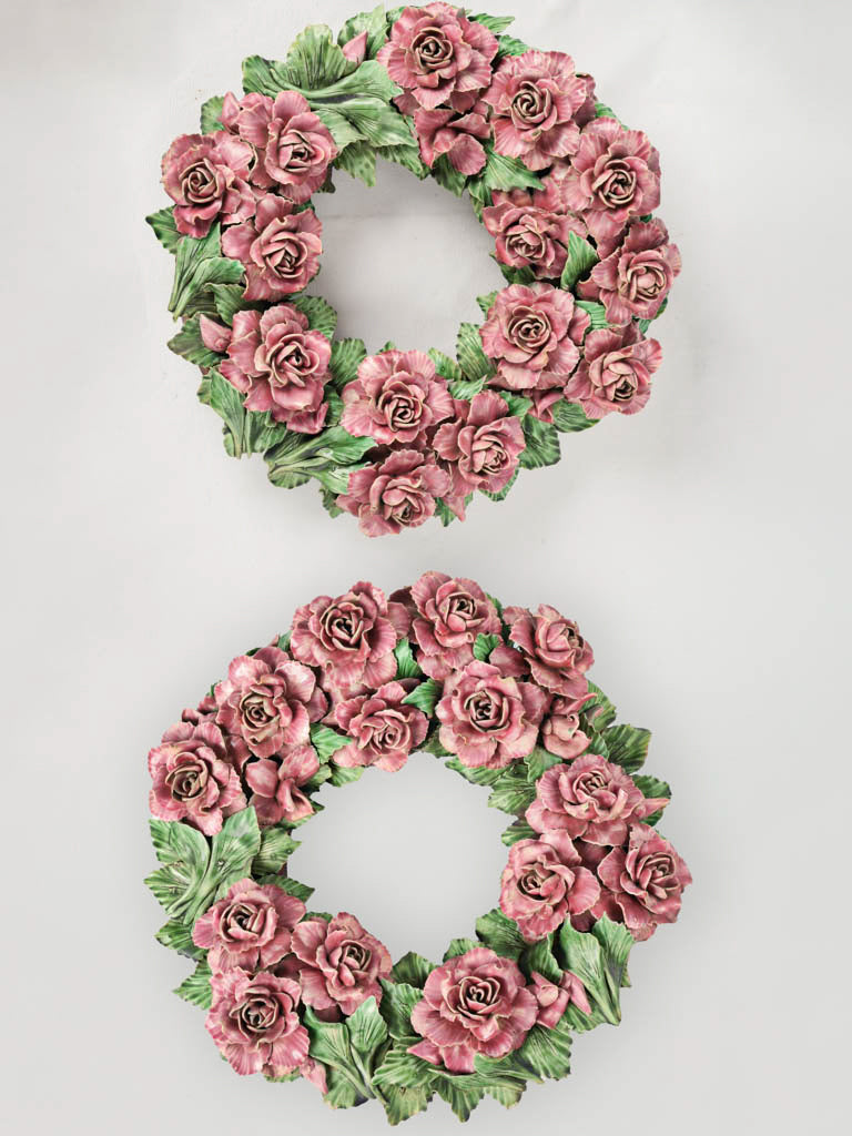 Pretty Pair of Antique Ceramic Rose Wreaths, Pink - 18½