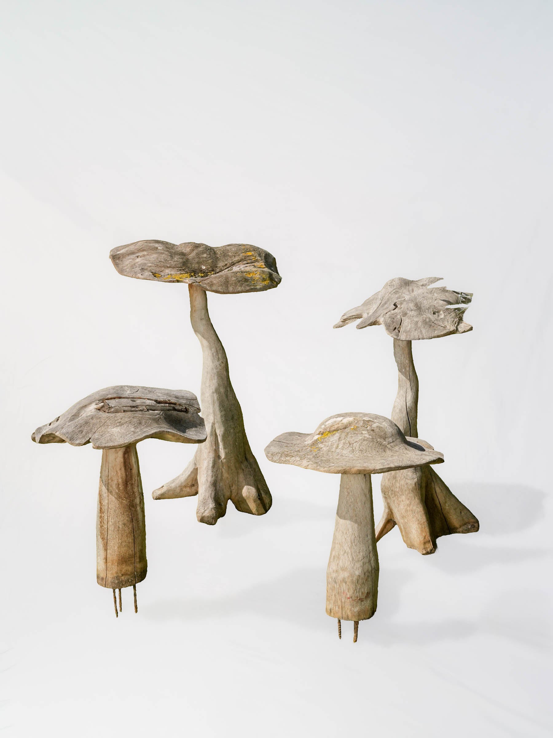Set of Four Tall Whimsical Wooden Garden Mushrooms