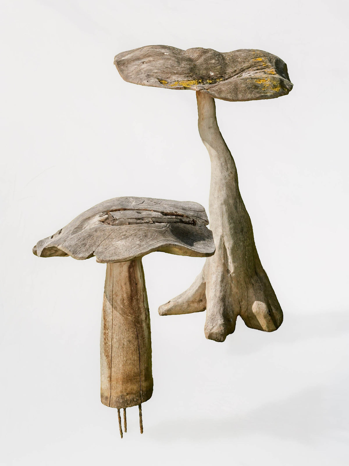 Pair of Tall Whimsical Wooden Garden Mushrooms