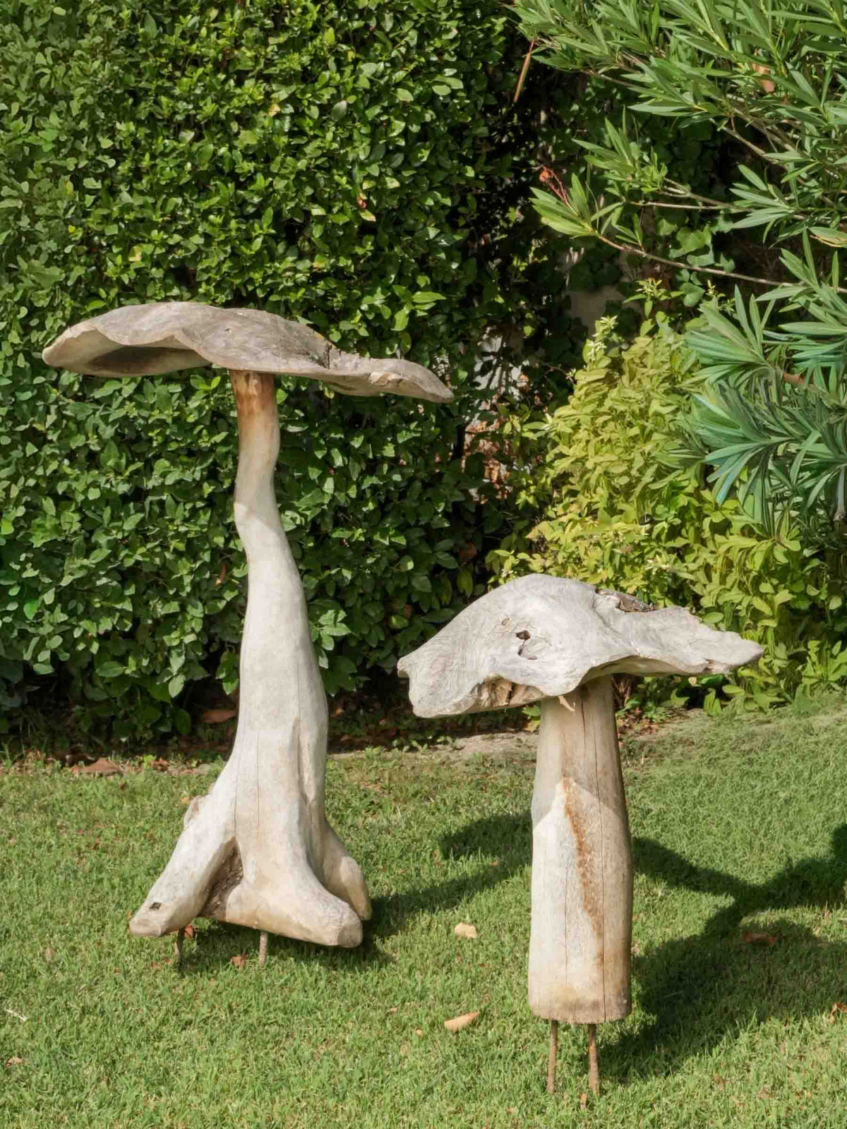 Pair of Tall Whimsical Wooden Garden Mushrooms