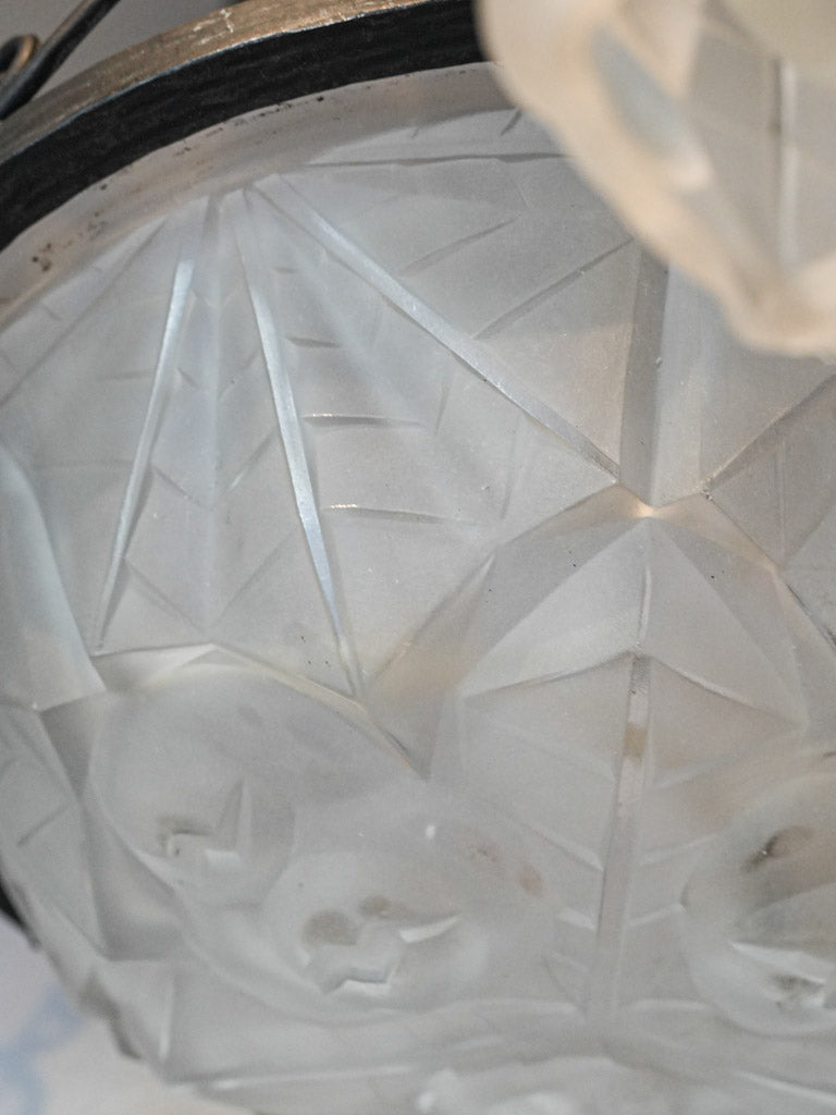 French Art Deco Wrought Iron and Molded Glass Chandelier Signed Degué - 26"