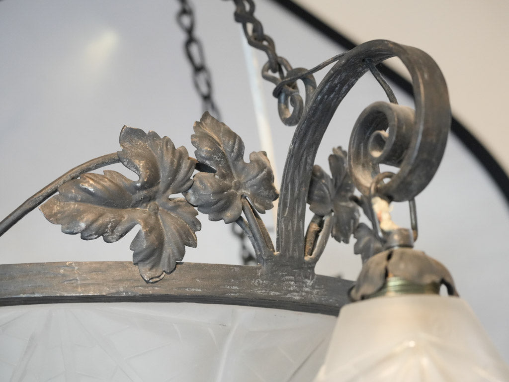 French Art Deco Wrought Iron and Molded Glass Chandelier Signed Degué - 26"