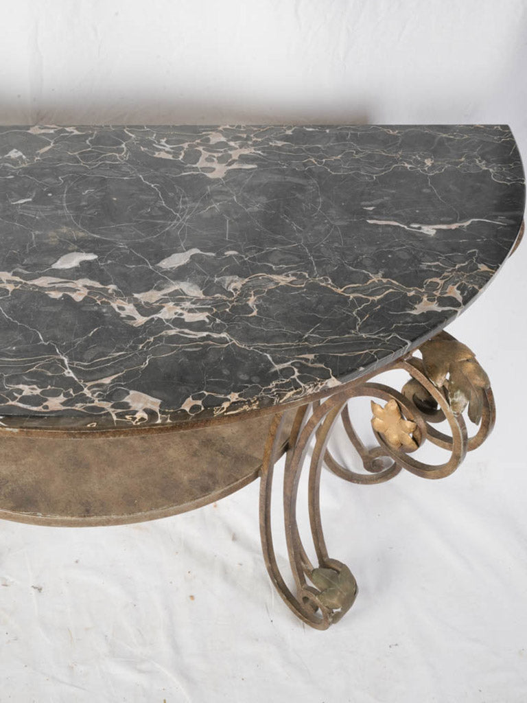 1950s Gilt Wrought Iron Demi Lune Console w/ Handsome Black Marble Top - 50"