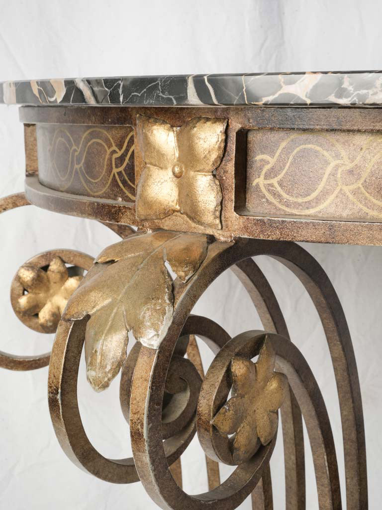 1950s Gilt Wrought Iron Demi Lune Console w/ Handsome Black Marble Top - 50"