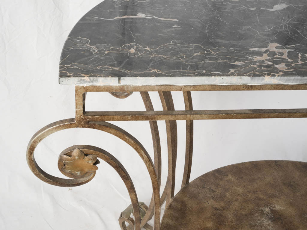 1950s Gilt Wrought Iron Demi Lune Console w/ Handsome Black Marble Top - 50"