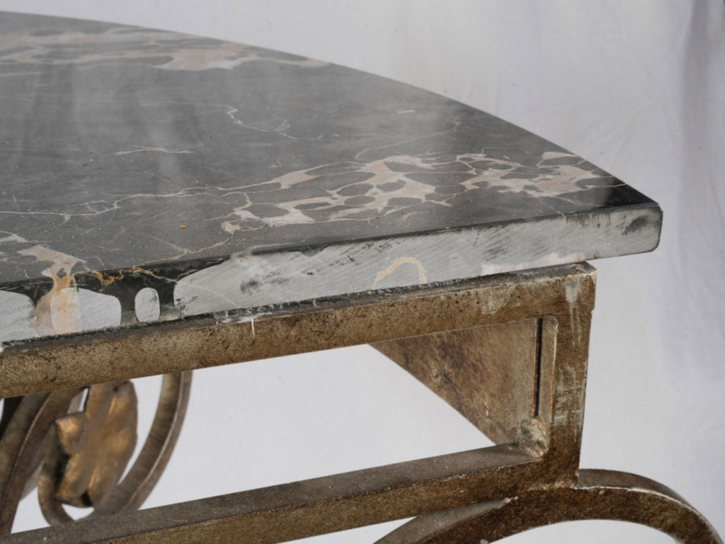 1950s Gilt Wrought Iron Demi Lune Console w/ Handsome Black Marble Top - 50"