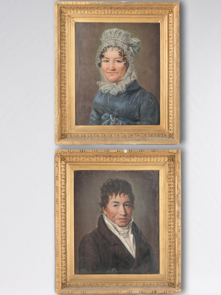 Antique French oil portrait siblings