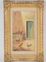Antique watercolor pastoral rooster scene painting