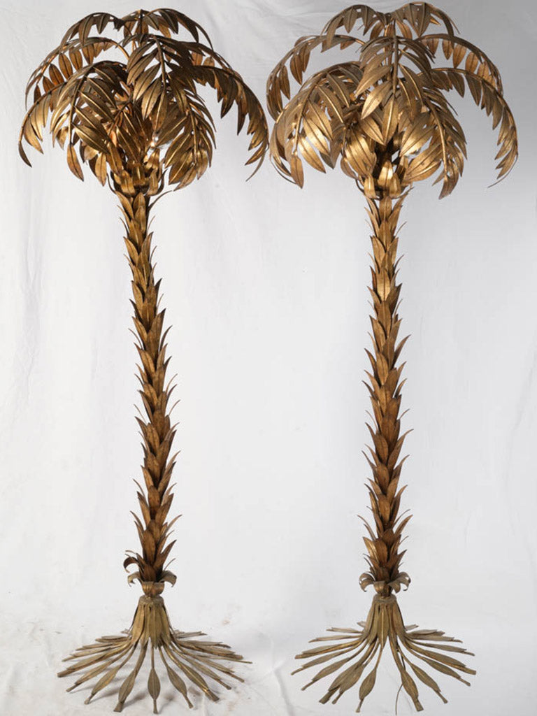 Pair of Spectacular Custom-Made Gilt-Brass Palm Tree Floor Lamps from the Mid-20th-Century French Riviera - 80¼"