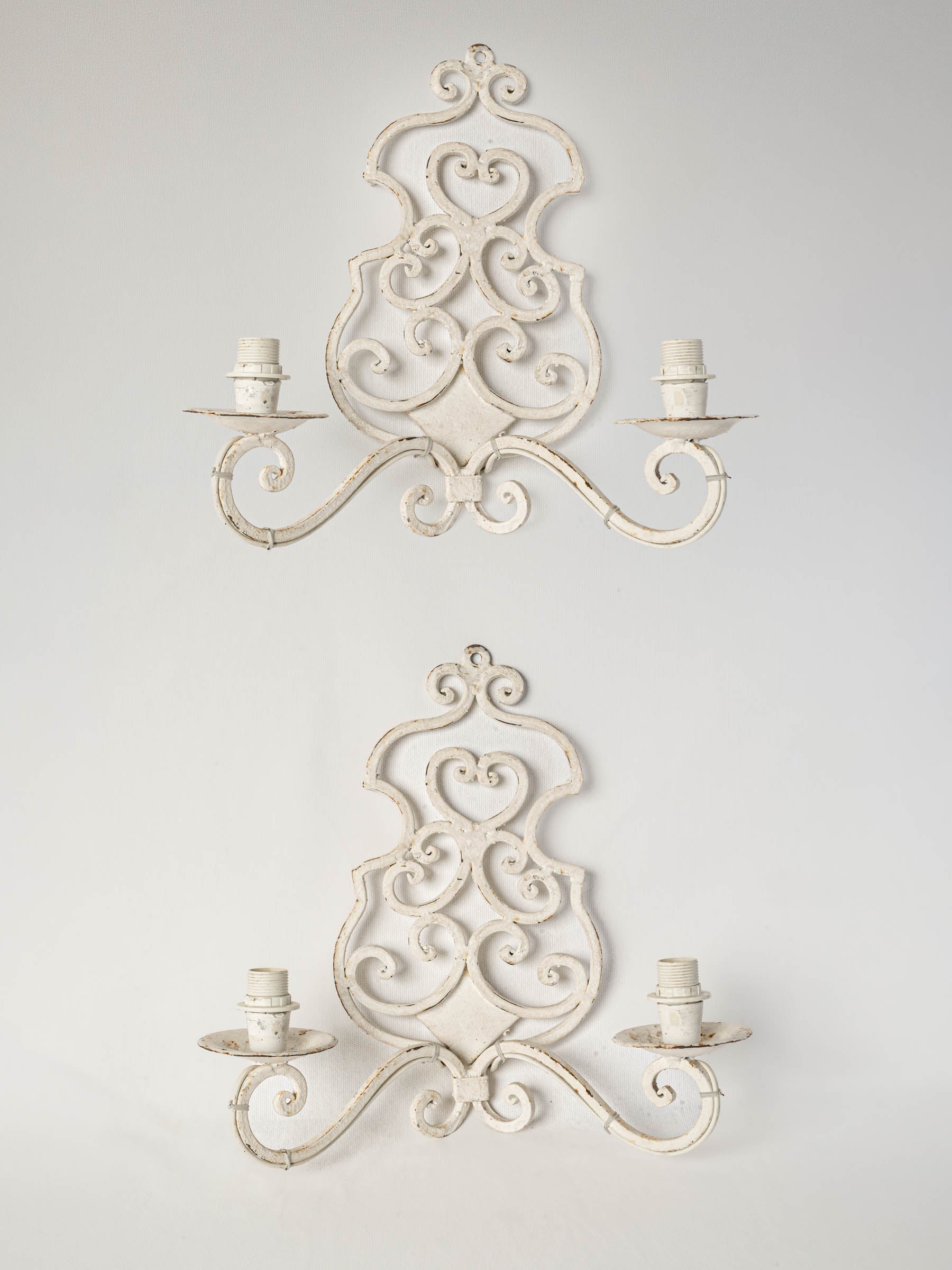 Pair of Mid-Century French White-Painted Wrought Iron Wall Sconces - 14½" x  15¼"