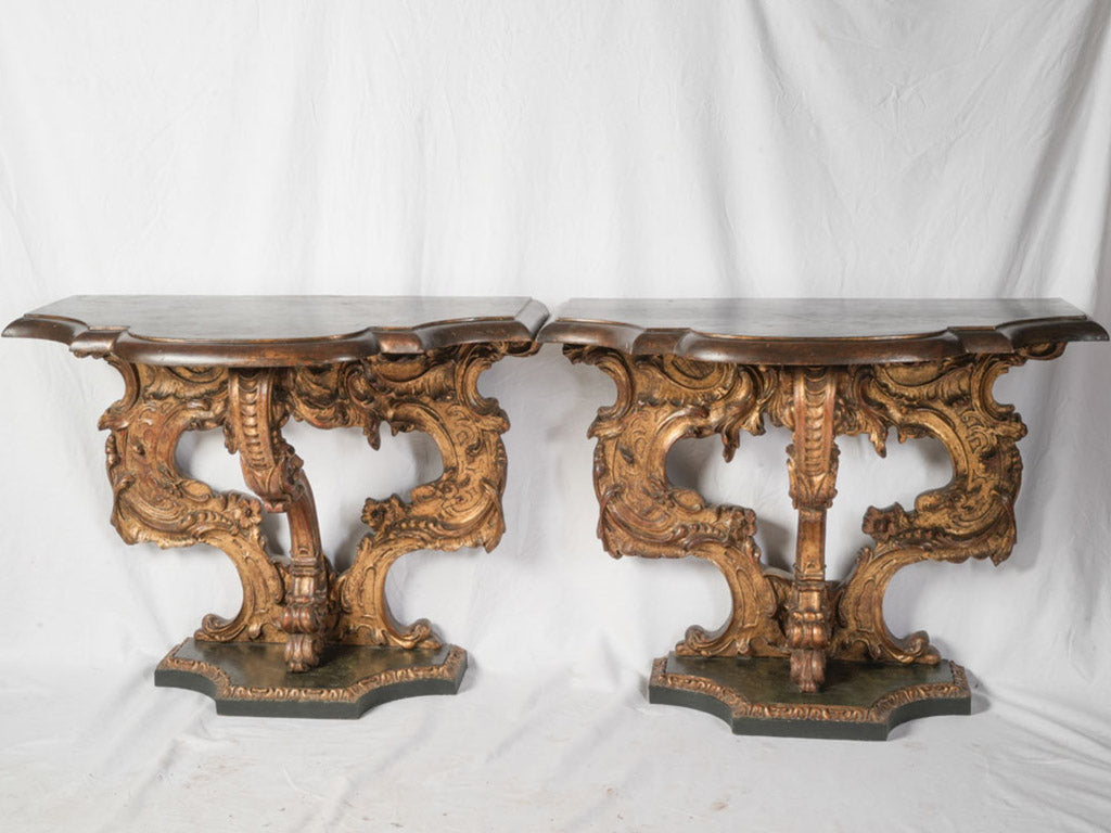 Pair of Early 19th Century Italian Statement Consoles w/ Faux Marble Painted Tops