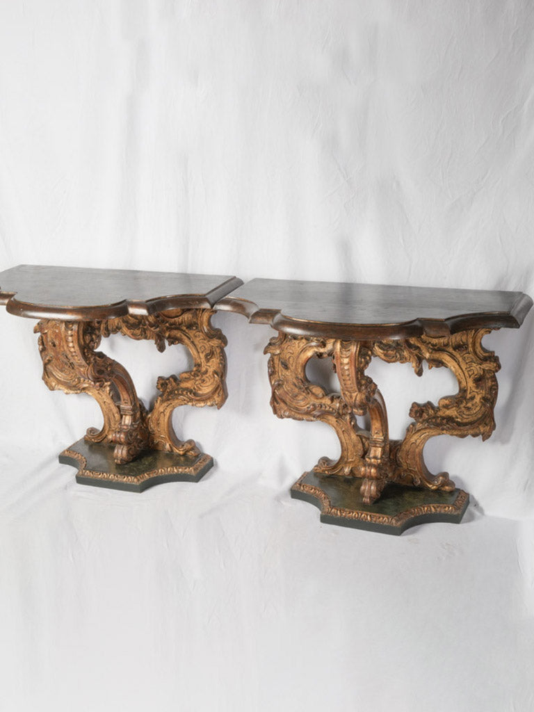 Pair of Early 19th Century Italian Statement Consoles w/ Faux Marble Painted Tops