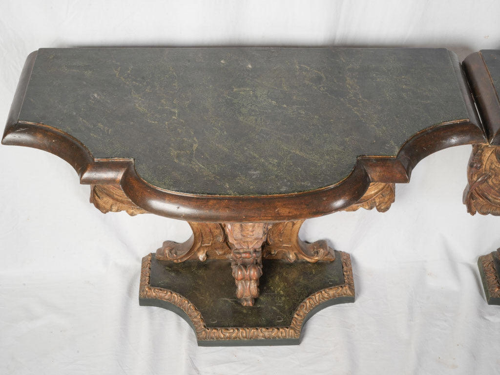 Pair of Early 19th Century Italian Statement Consoles w/ Faux Marble Painted Tops