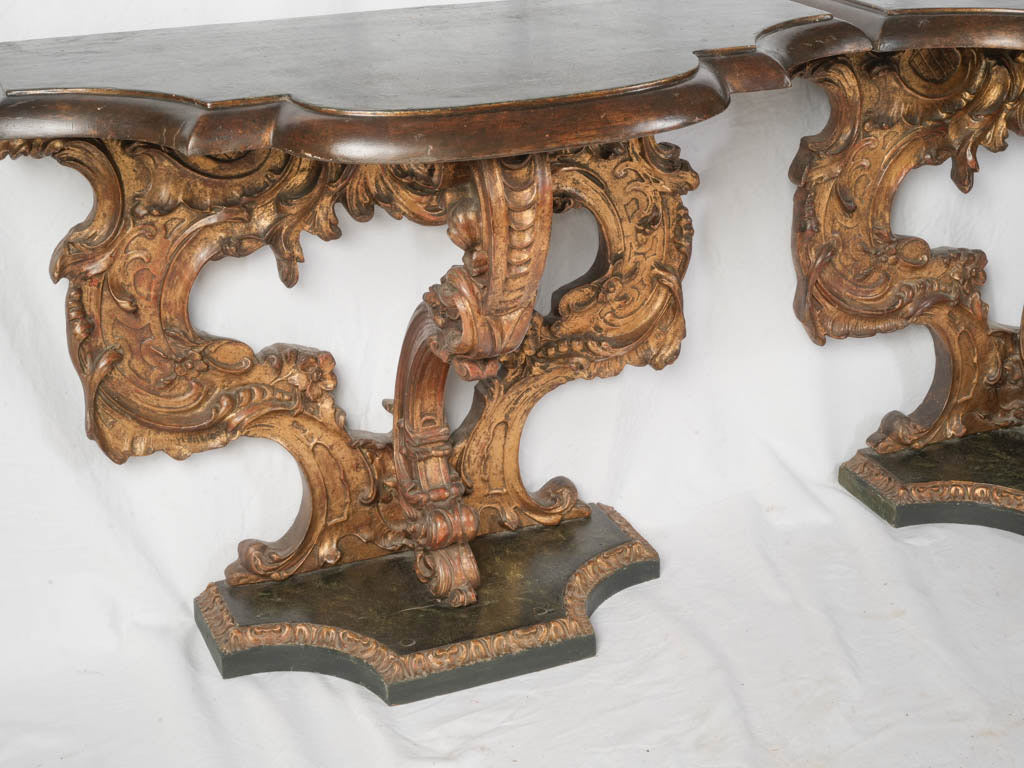 Pair of Early 19th Century Italian Statement Consoles w/ Faux Marble Painted Tops