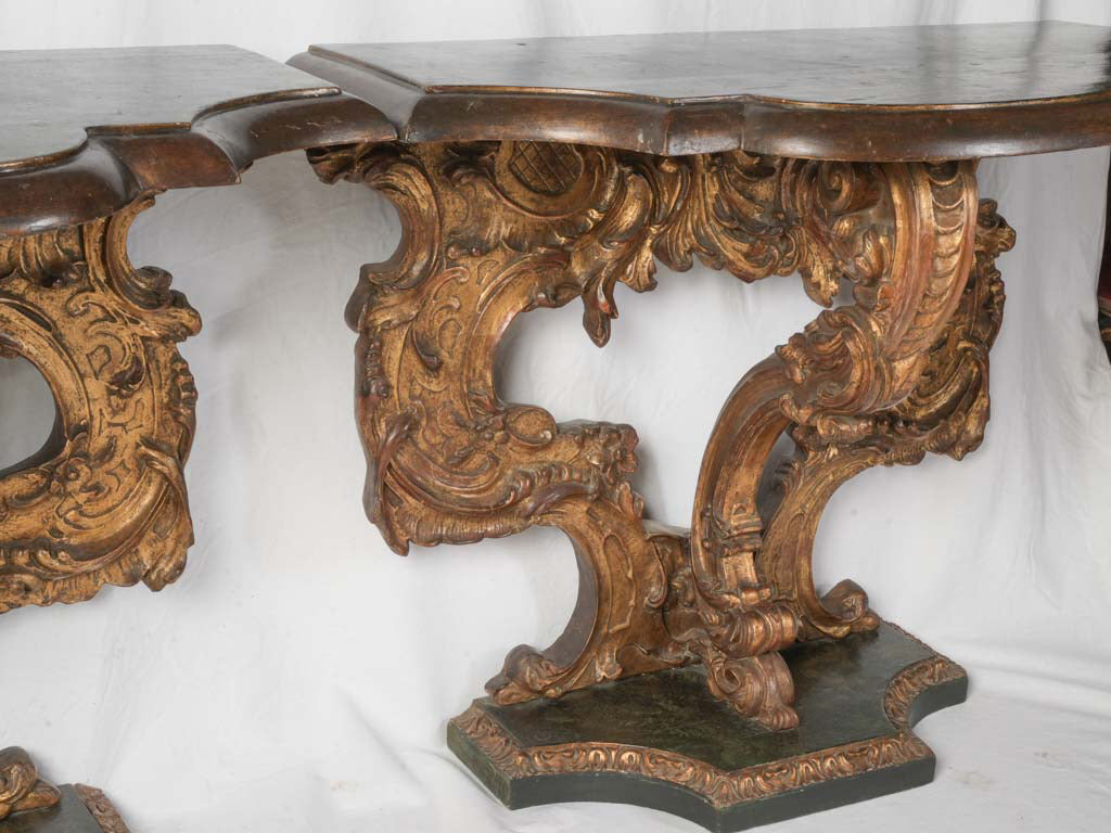 Pair of Early 19th Century Italian Statement Consoles w/ Faux Marble Painted Tops