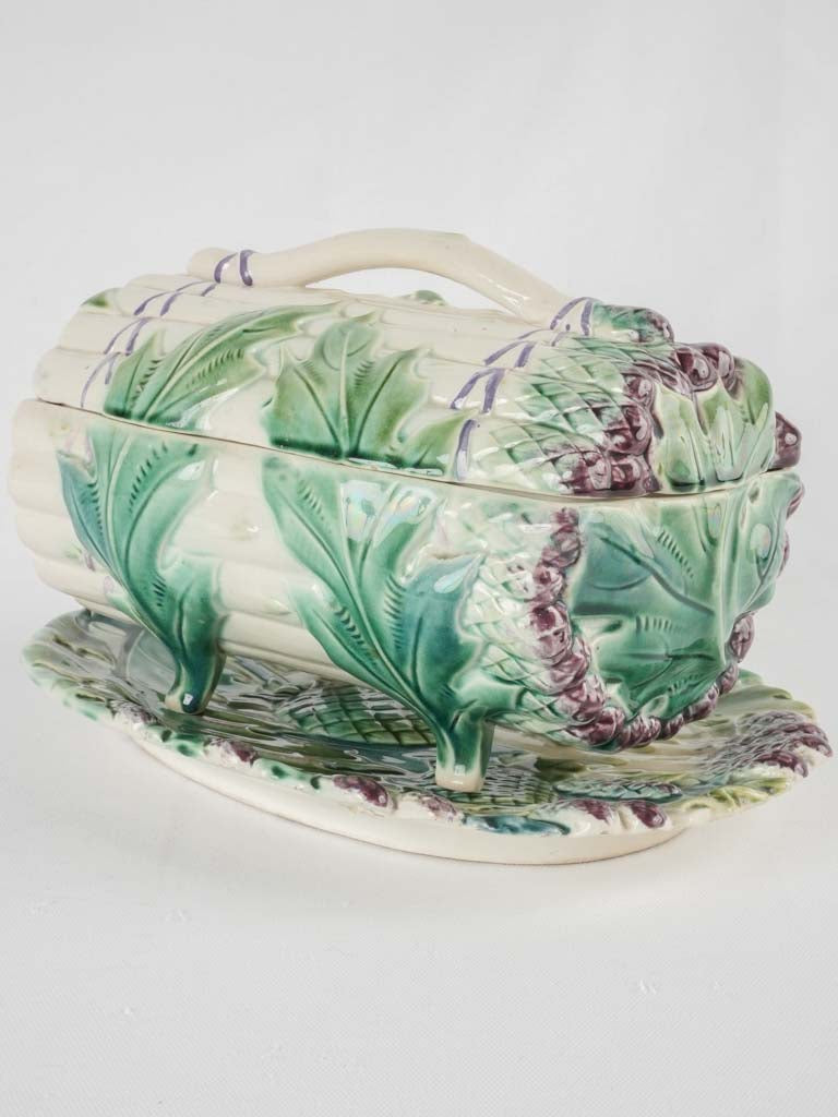 Lidded Majolica asparagus basket & platter - Longchamp 1890