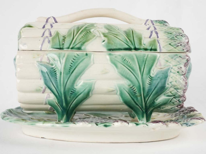 Lidded Majolica asparagus basket & platter - Longchamp 1890