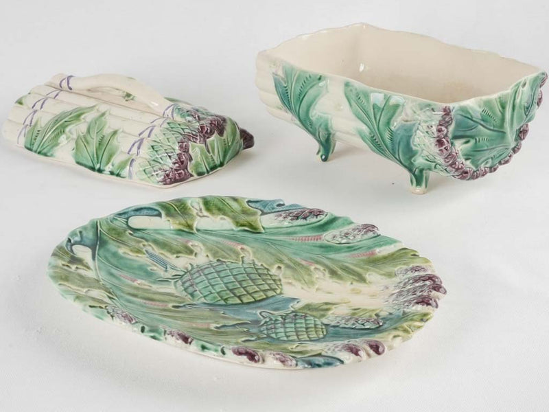 Lidded Majolica asparagus basket & platter - Longchamp 1890