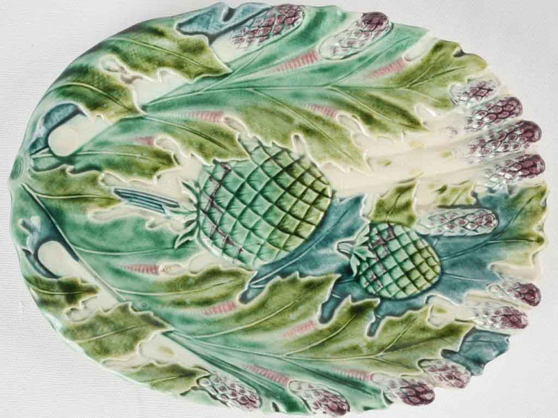 Lidded Majolica asparagus basket & platter - Longchamp 1890