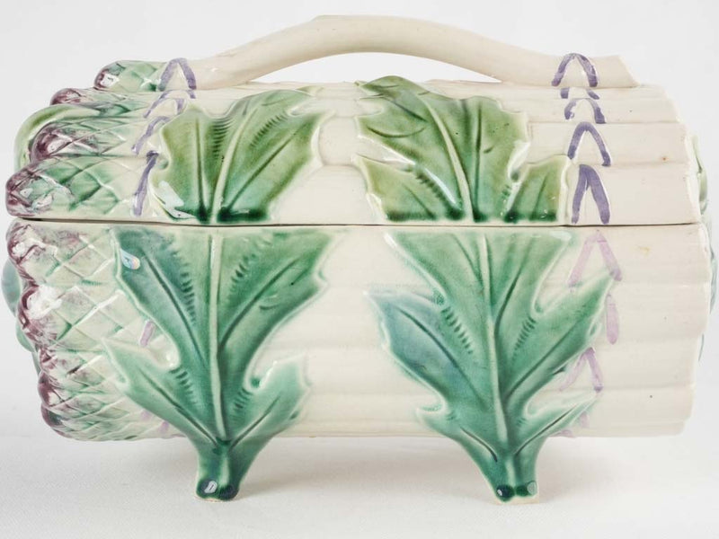 Lidded Majolica asparagus basket & platter - Longchamp 1890