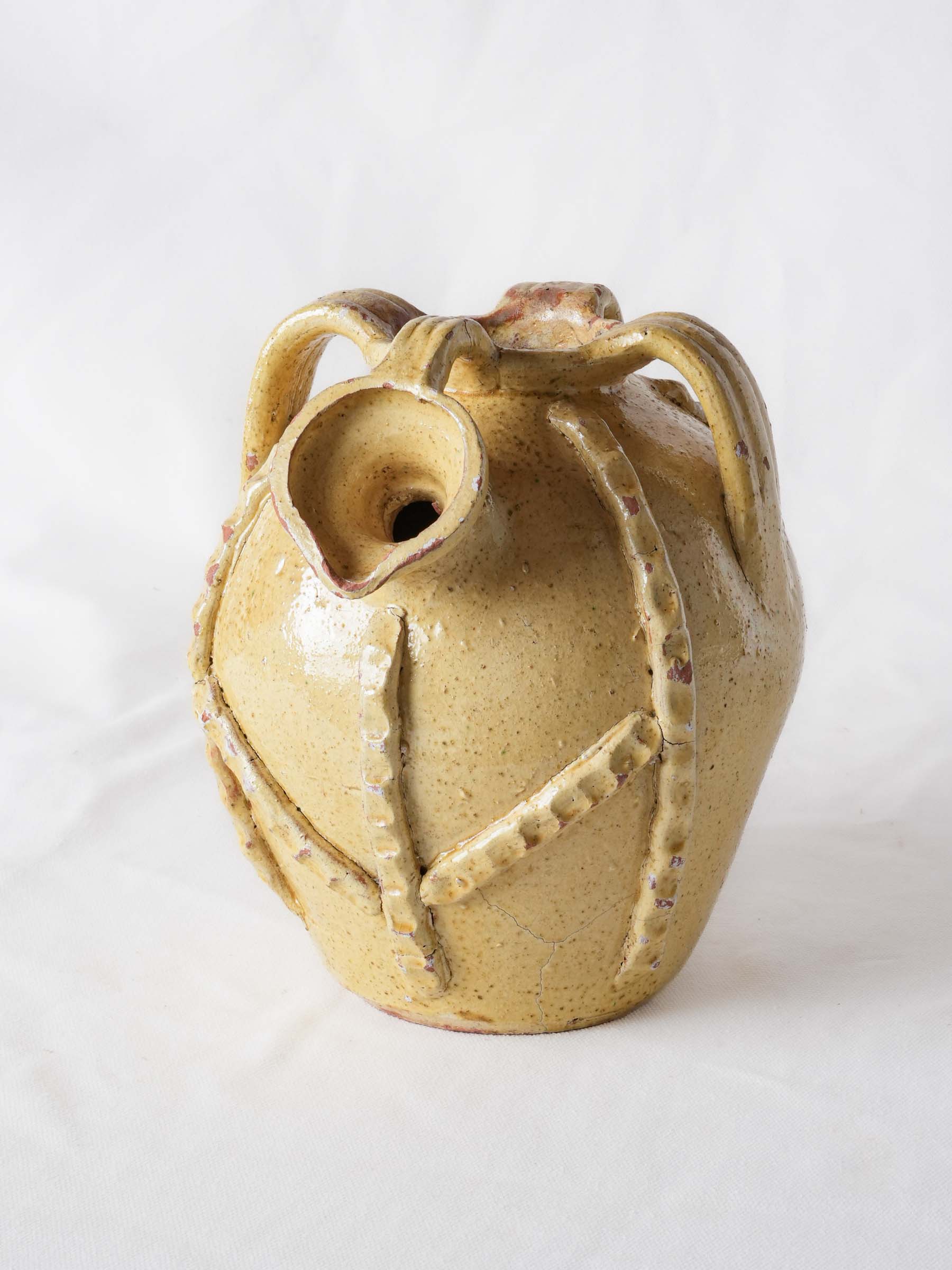 Early to Mid-20th-Century Yellow-Glazed Ceramic Jug w/ Thumb-Pressed Decoration - 9"