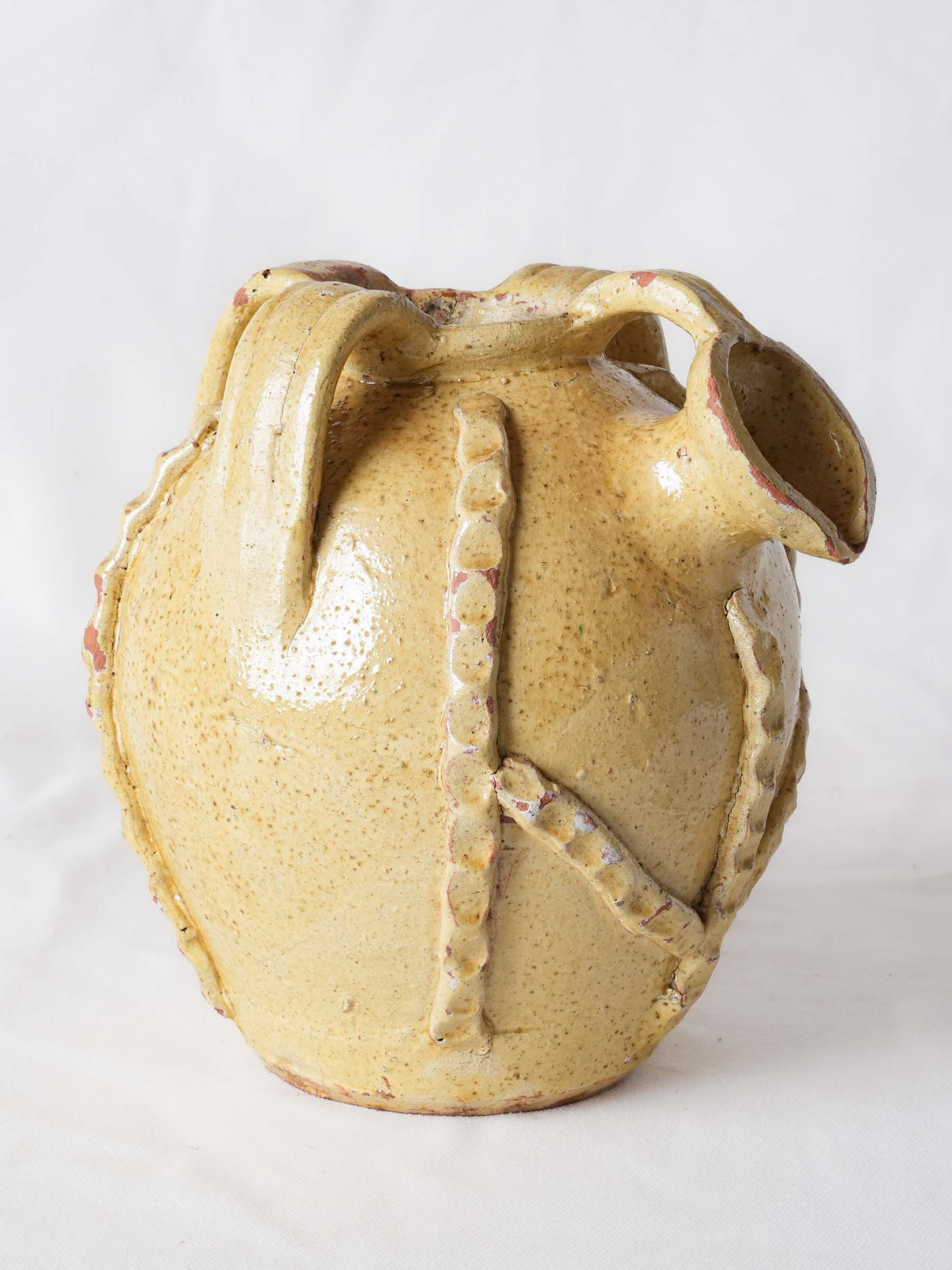 Early to Mid-20th-Century Yellow-Glazed Ceramic Jug w/ Thumb-Pressed Decoration - 9"