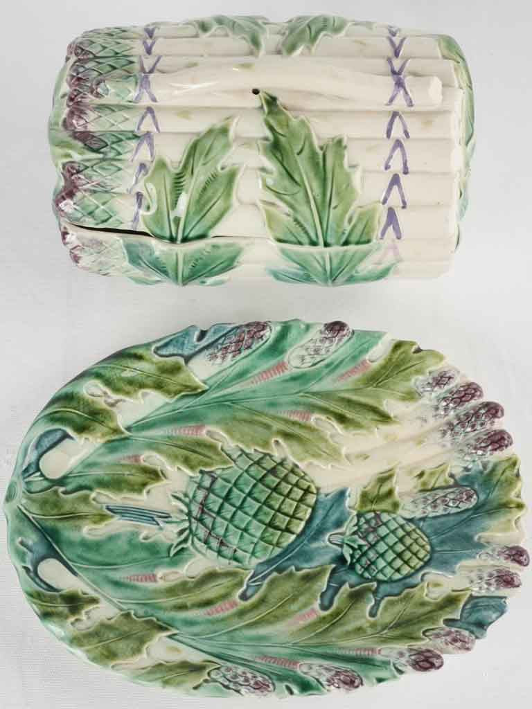 Lidded Majolica asparagus basket & platter - Longchamp 1890