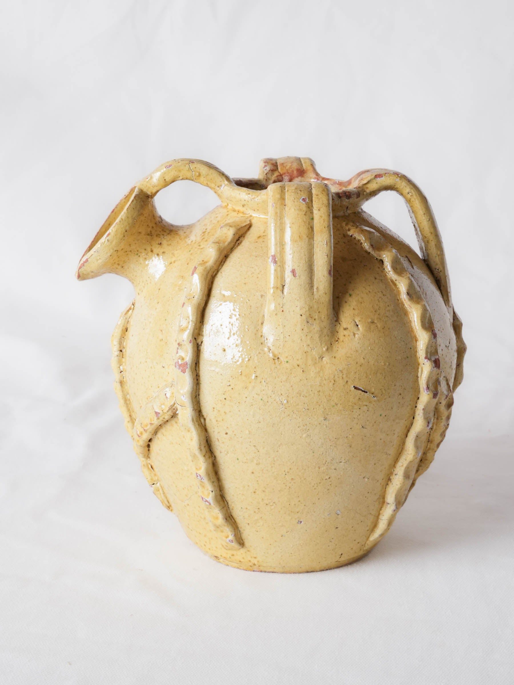 Early to Mid-20th-Century Yellow-Glazed Ceramic Jug w/ Thumb-Pressed Decoration - 9"