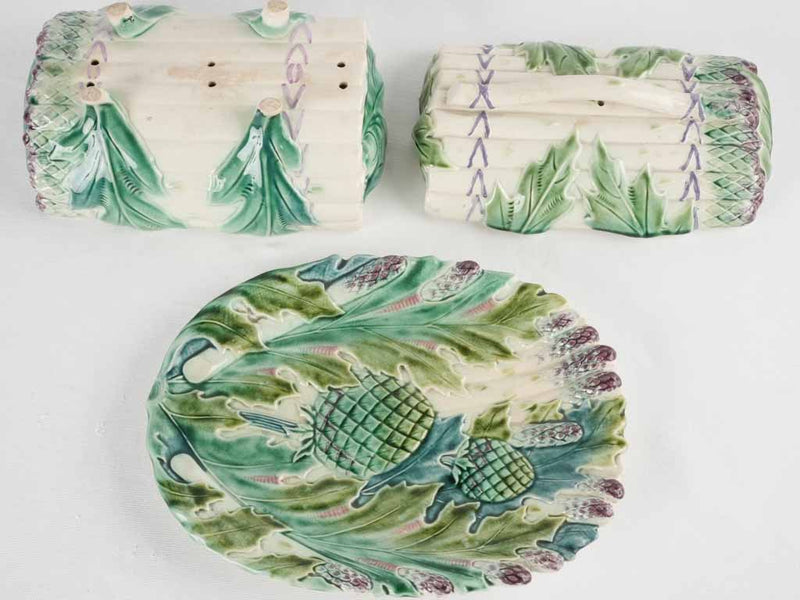 Lidded Majolica asparagus basket & platter - Longchamp 1890