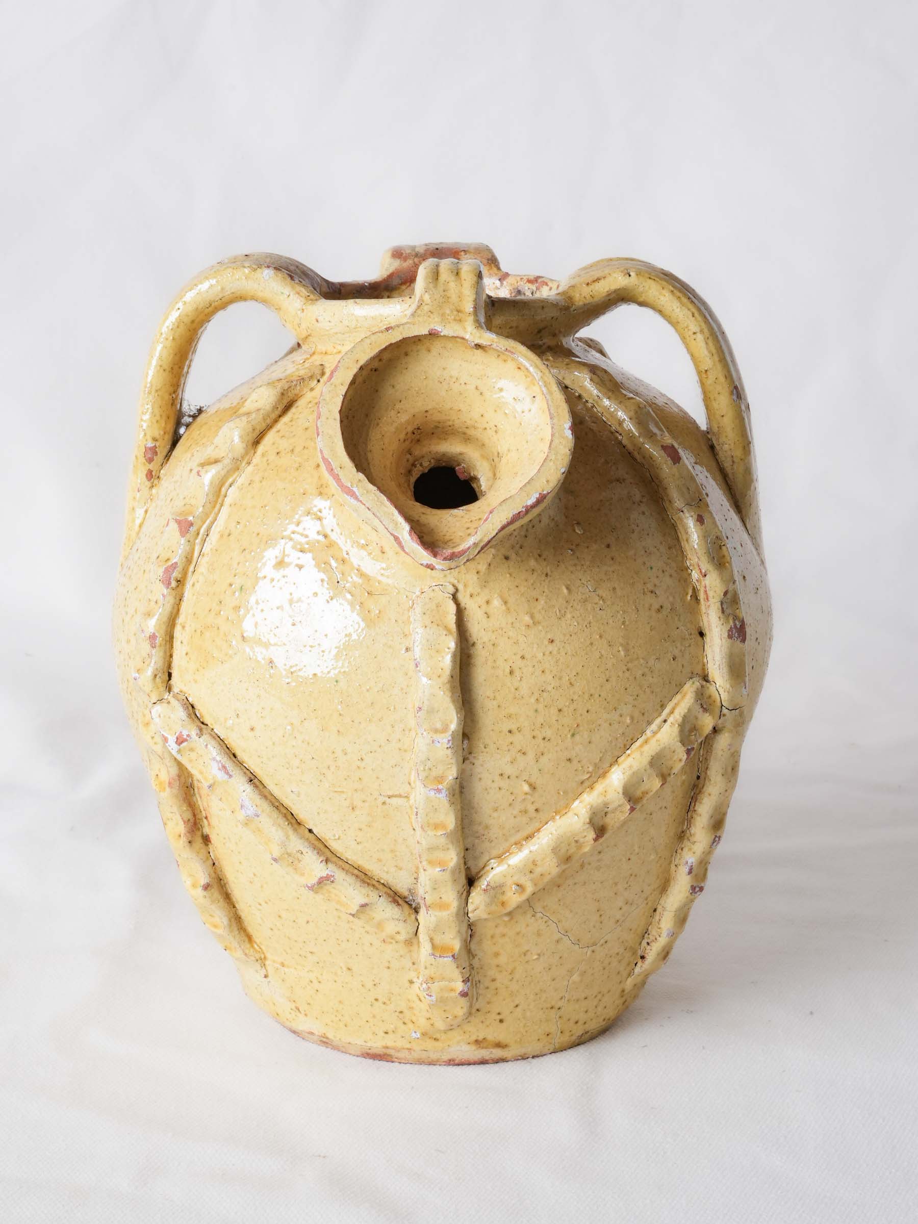 Early to Mid-20th-Century Yellow-Glazed Ceramic Jug w/ Thumb-Pressed Decoration - 9"