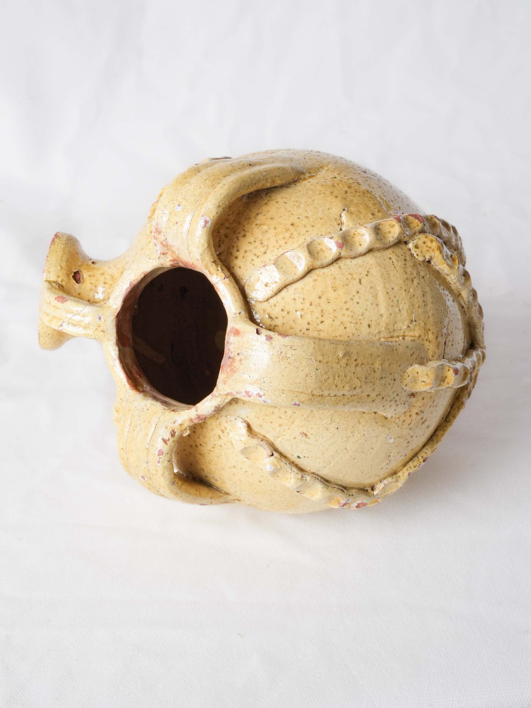 Early to Mid-20th-Century Yellow-Glazed Ceramic Jug w/ Thumb-Pressed Decoration - 9"