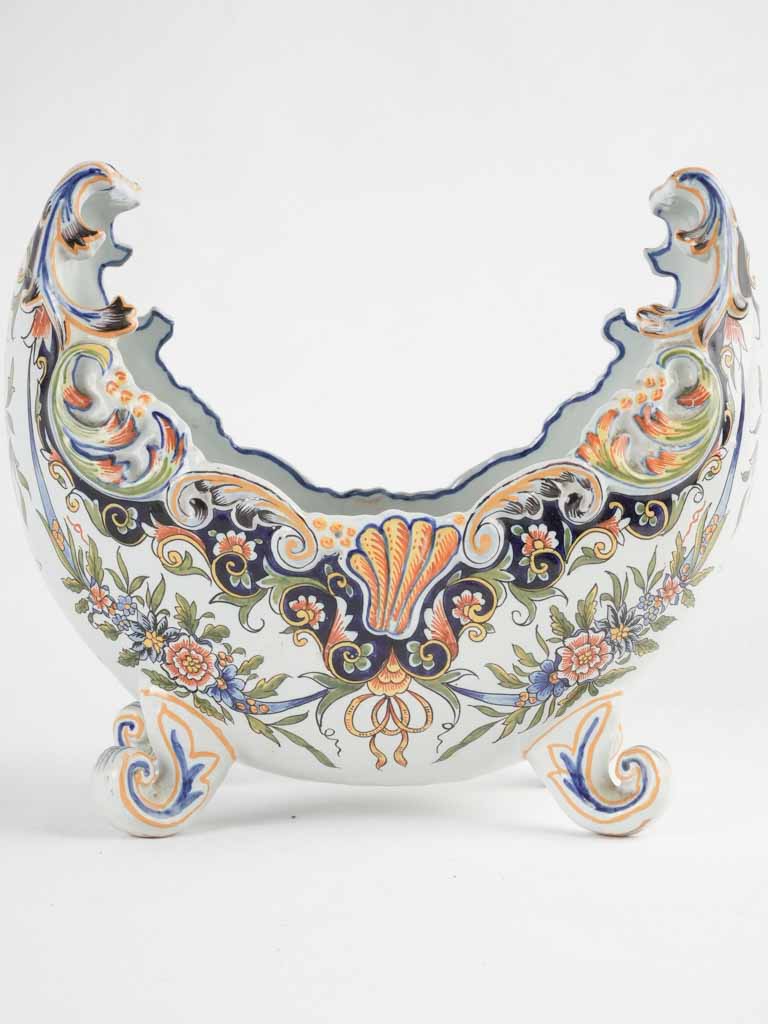Antique Desvres faience jardiniere w/ scroll feet - Geo MARTEL 12½"
