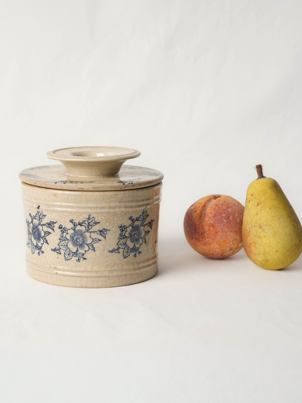 Antique French Butter Keeper w/ Blue Floral Decoration - 5½"