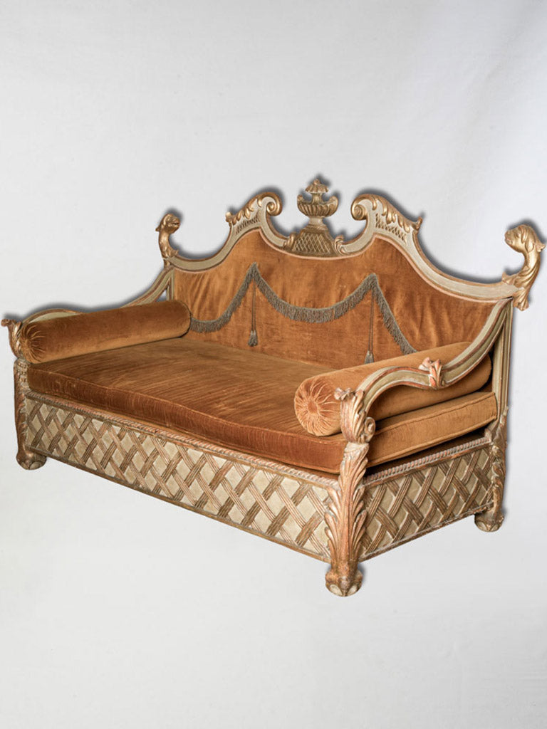 Spectacular Antique Sicilian Carved Daybed w/ Original Paint and Upholstery - 89¾"
