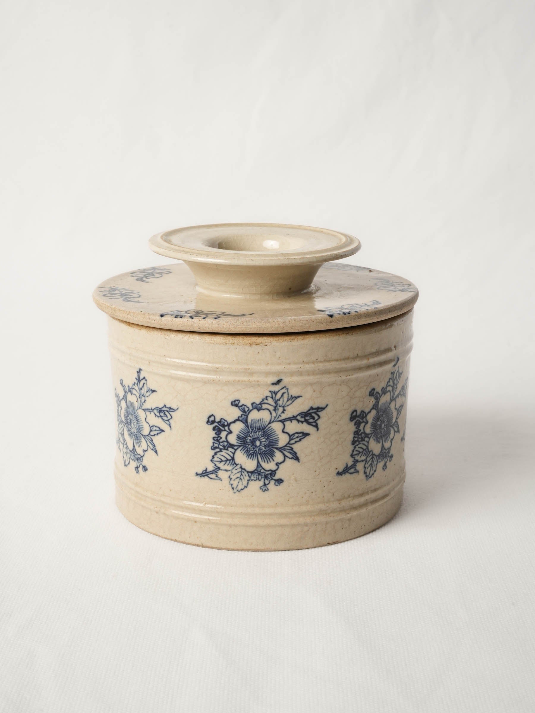 Antique French Butter Keeper w/ Blue Floral Decoration - 5½"