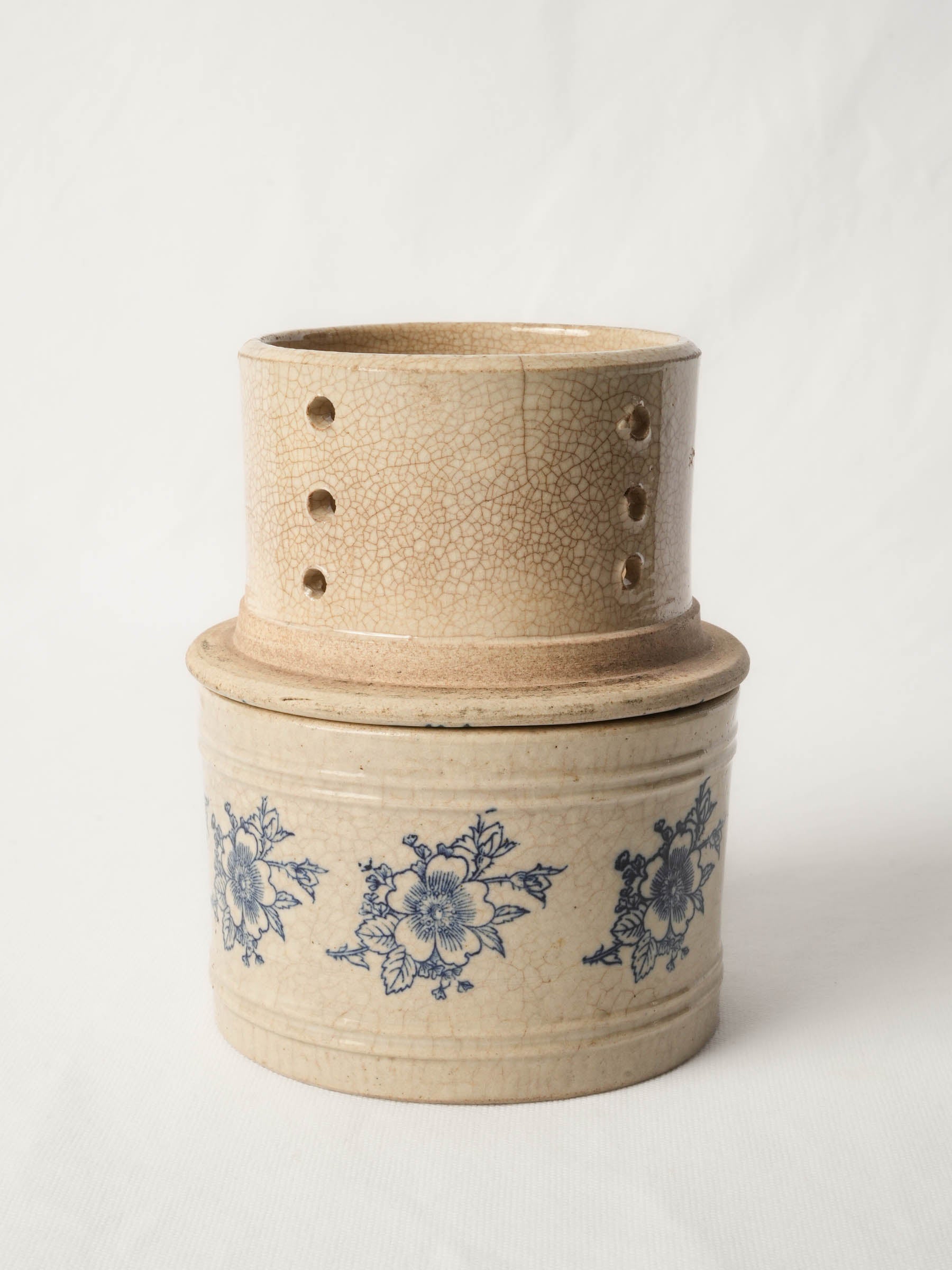 Antique French Butter Keeper w/ Blue Floral Decoration - 5½"