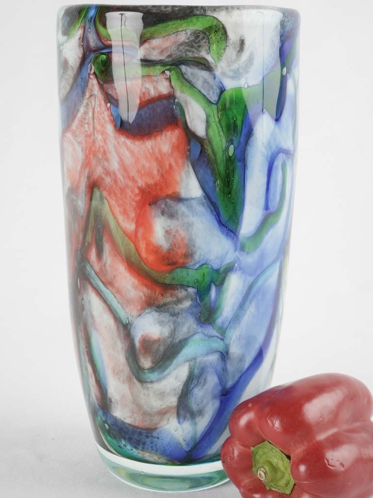 Tall blown glass vase w/ blue yellow & green swirls 12¼"