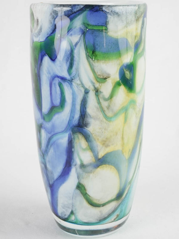 Tall blown glass vase w/ blue yellow & green swirls 12¼"